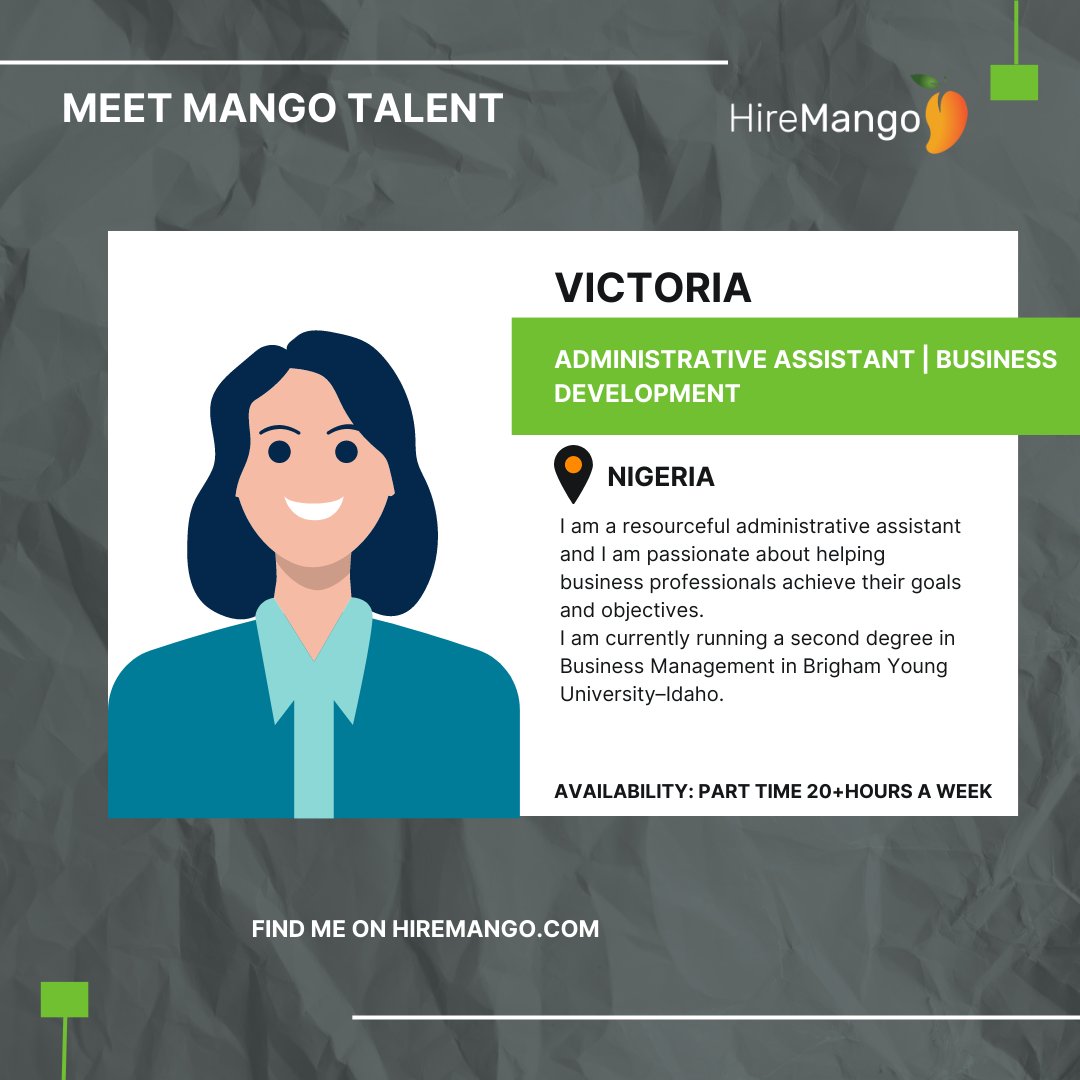 HireMango's tweet photo. "An impact driver, a strategic partner who adds value to clients by taking up your daily tasks, availing you more time and energy to focus on your goals."

Meet #MangoTalent Victoria, as she describes herself and her work ethic. https://t.co/o8BF3gdmCr