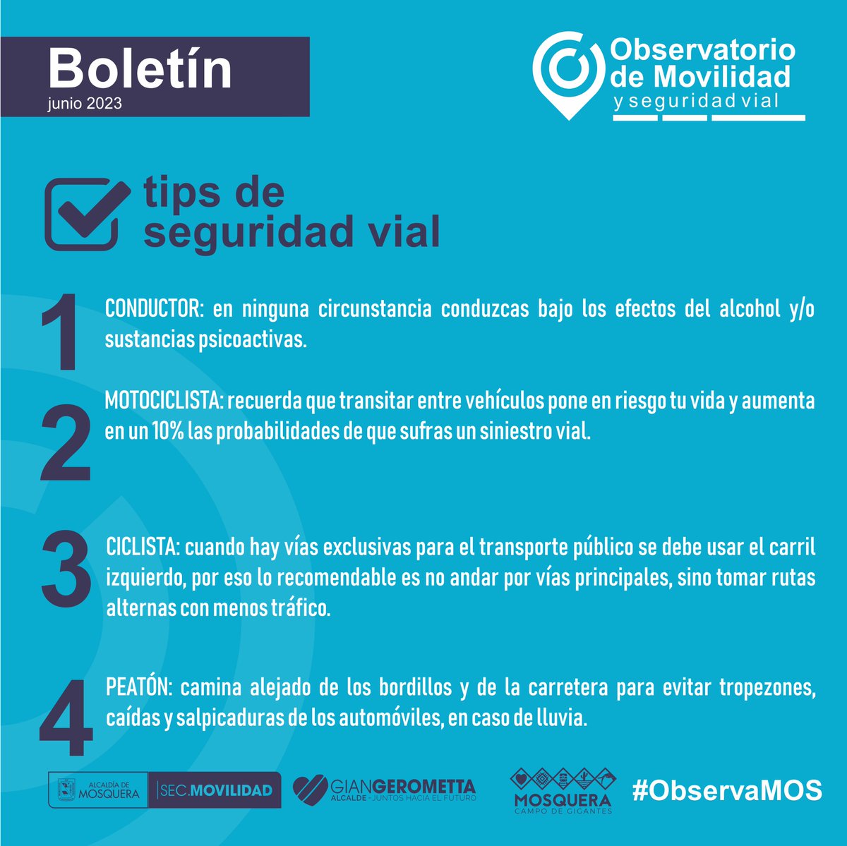 AlcMosquera's tweet photo. Te presentamos las ediciones más recientes del boletín del Observatorio de Movilidad, la forma más fácil de conocer los datos sobre los actores viales del municipio. ¡Juntos nos #MOVeMOS mejor! 🔵 https://t.co/enuccQjGUT