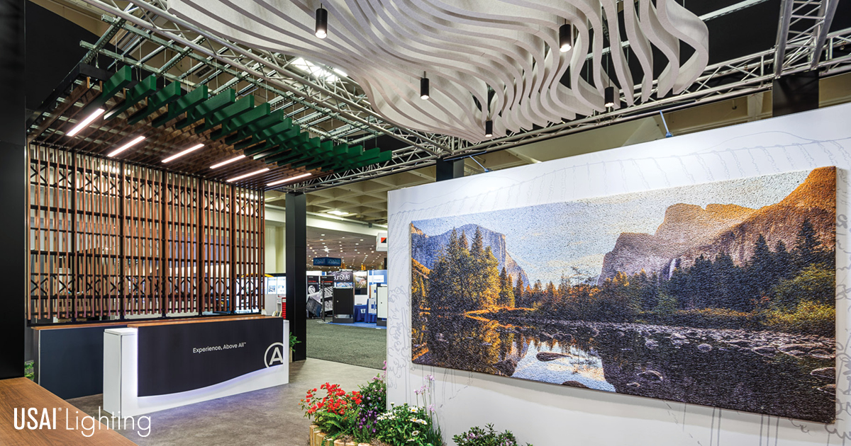 USAILighting's tweet photo. #ThrowbackThursday. @ArmstrongCeilng booth at this past June's A'23 Conference in San Fran. We love the undulating movement created with Feltworks Blades HookOn Peaks &amp; Valley Kits. USAI's Nanoled Cylinders integrate perfectly for a lovely visual statement. https://t.co/mv4zNLbv4M
