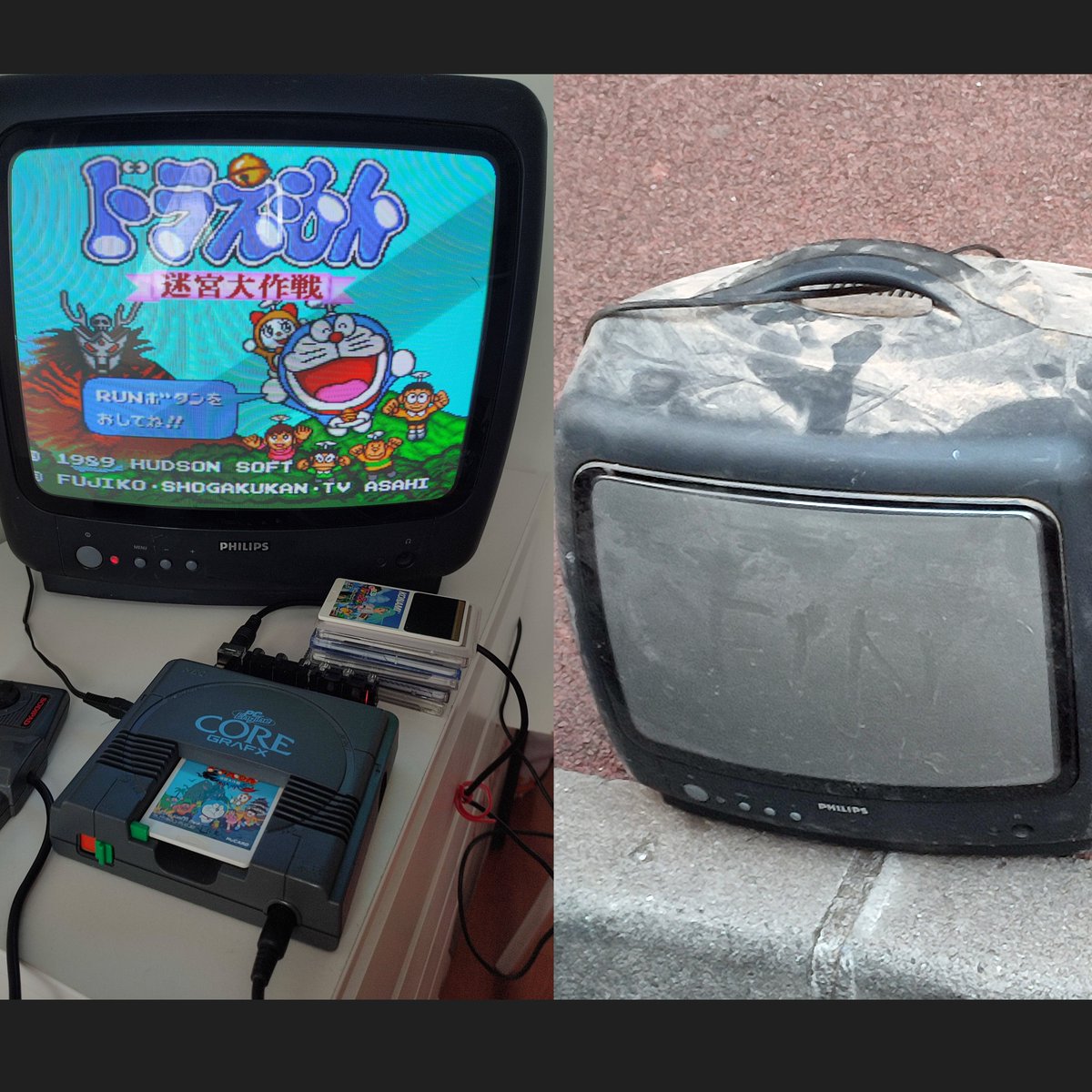 #Poubz2Toulouz 😉<a href="/komasamikun/">🎹 Masami K.「39 Music」🏳️‍🌈</a>
Ma route a croisé cette Philips 36 cm (pour les jeunes : à l’époque, les écrans étaient encore au système métrique) 
Elle faisait le trottoir alors, je l’ai sauvée. Elle pourra désormais se pavaner lors des expos #silicium.
#pcengine #doraemon