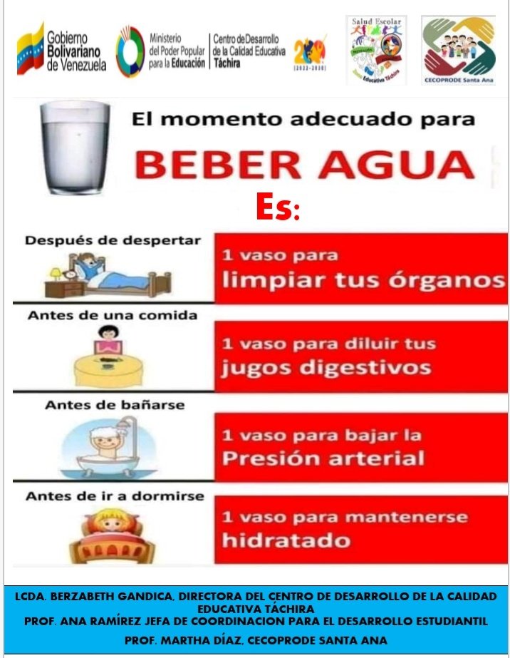 Conoce cuando es el momento adecuado para beber agua.
@MPPEDUCACION
@ZonaEducTachira
<a href="/NicolasMaduro/">Nicolás Maduro</a>
<a href="/yelitzePSUV_/">Yelitze Santaella</a>
<a href="/berzabethg1/">Berzabethgandicaoficial</a>
<a href="/COMUNIDADESED15/">DIV. COMUNIDADES EDUCATIVAS TÁCHIRA</a>
@SPETachira
<a href="/saludescolar2/">Salud Escolar</a>
<a href="/cordobaENGH/">CordobaGarciadeHeviaEcuela</a>
<a href="/Yasuy80/">CEI DR FCO GARCIA H.</a>
<a href="/uensimonbolivar/">U.E.N.SIMONBOLIVAR - Córdoba.</a>
<a href="/Especial13142/">Especial Córdoba</a>
<a href="/donromulogalle1/">Donromulogallegos</a>
<a href="/lavictoria2015/">Nueva Morelia</a>