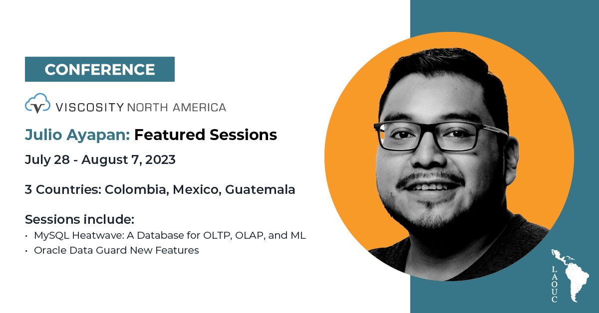ViscosityNA's tweet image. @jayapangt will be presenting in 3 destinations during the @LAOUC Community Tour 2023!

Mexico, Colombia &amp;amp; Guatemala - &quot;#MySQLHeatWave: A Database for OLTP, OLAP &amp;amp; ML&quot; &amp;amp; &quot;Oracle #Dataguard New Features.&quot; 

bit.ly/44WKVnY 

#VNA23 #OraPub #oraclecloud #LAOUC