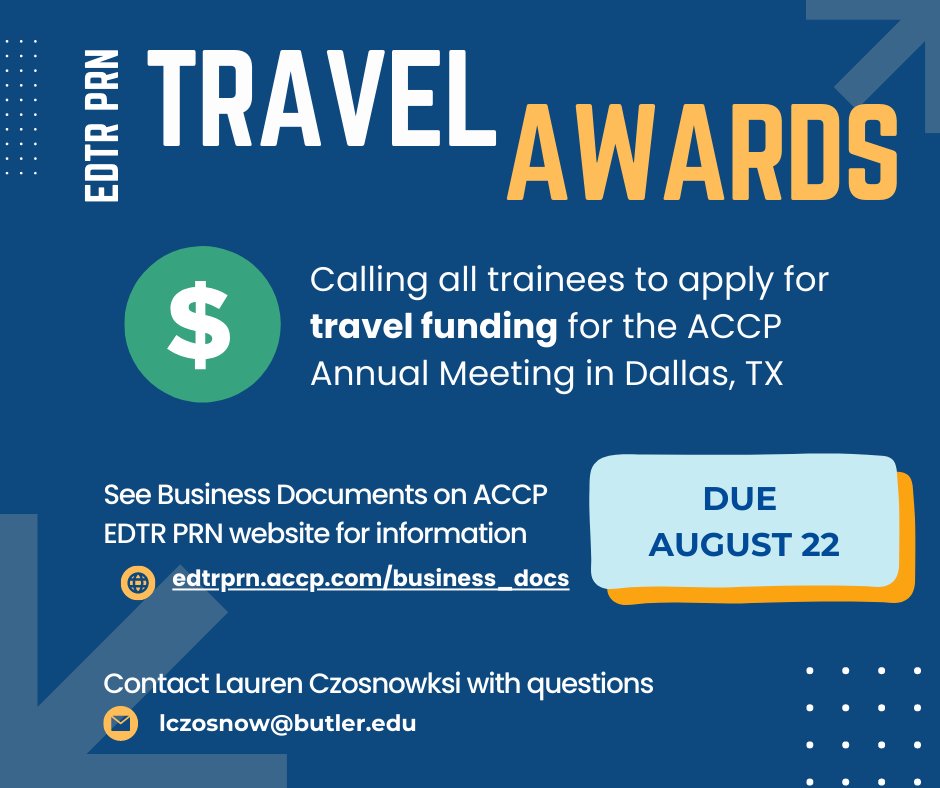 ACCP Education and Training PRN (@accpedtrprn) on Twitter photo The EDTR PRN is calling all trainees to apply for travel funding for the ACCP Annual Meeting in Dallas, TX! Please direct any questions to Lauren Czosnowski- lczosnow@butler.edu.
For more information and application instructions: edtrprn.accp.com/business_docs.… The EDTR PRN is calling all trainees to apply for travel funding for the ACCP Annual Meeting in Dallas, TX! Please direct any questions to Lauren Czosnowski- lczosnow@butler.edu.
For more information and application instructions: edtrprn.accp.com/business_docs.…