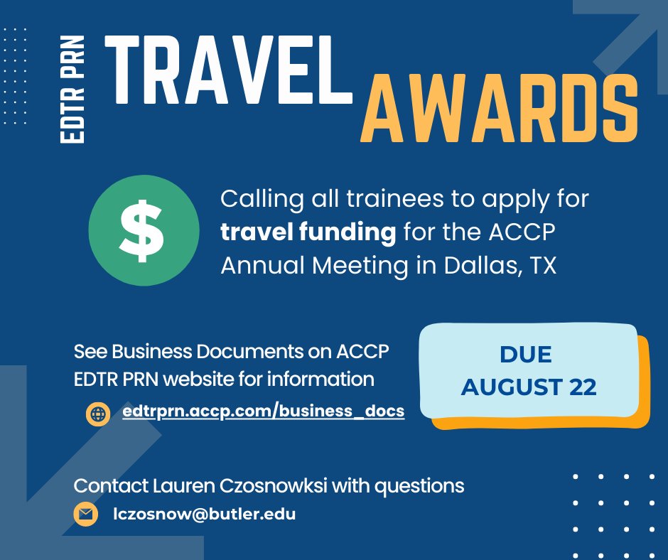 The EDTR PRN is calling all trainees to apply for travel funding for the ACCP Annual Meeting in Dallas, TX! Please direct any questions to Lauren Czosnowski- lczosnow@butler.edu. For more information and application instructions: edtrprn.accp.com/business_docs.…