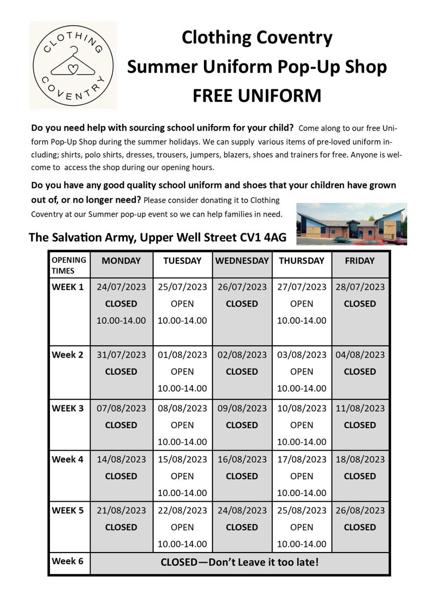 👔 <a href="/ClothingCov/">ClothingCoventry</a> are a fantastic local charity providing those in need with free second hand school uniform this summer.

👞 Items you can donate include blazers, skirts, shirts, trousers, polos, PE kit, book bags, backpacks, school jumpers, and school shoes!