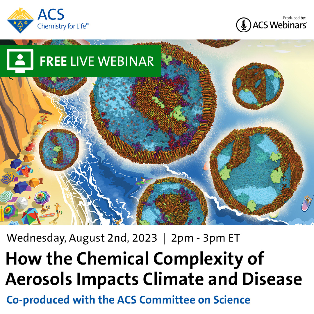 AmerChemSociety's tweet photo. Learn about the impact #aerosols have on #climate, &amp; the role they play in #disease transmission during our upcoming FREE #ACSWebinar, featuring @RommieAmaro from @airborne_ucsd. Save your spot now at https://t.co/JIa8jJQGJh #Chemistry #Science #Webinar https://t.co/glsFzzB43C