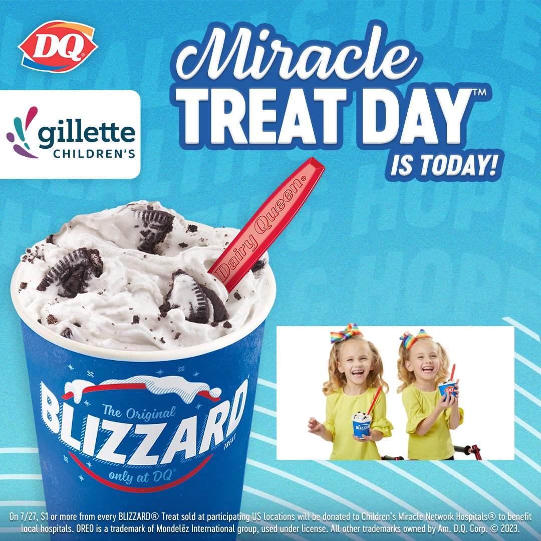 Today is #MiracleTreatDay! Treat yourself to a Blizzard today at your local participating @dairyqueen. For every Blizzard sold, $1 or more will be donated to Gillette in partnership with @cmnhospitals. Find your local participating DQ location here: gillette.mn/3ynw5Io