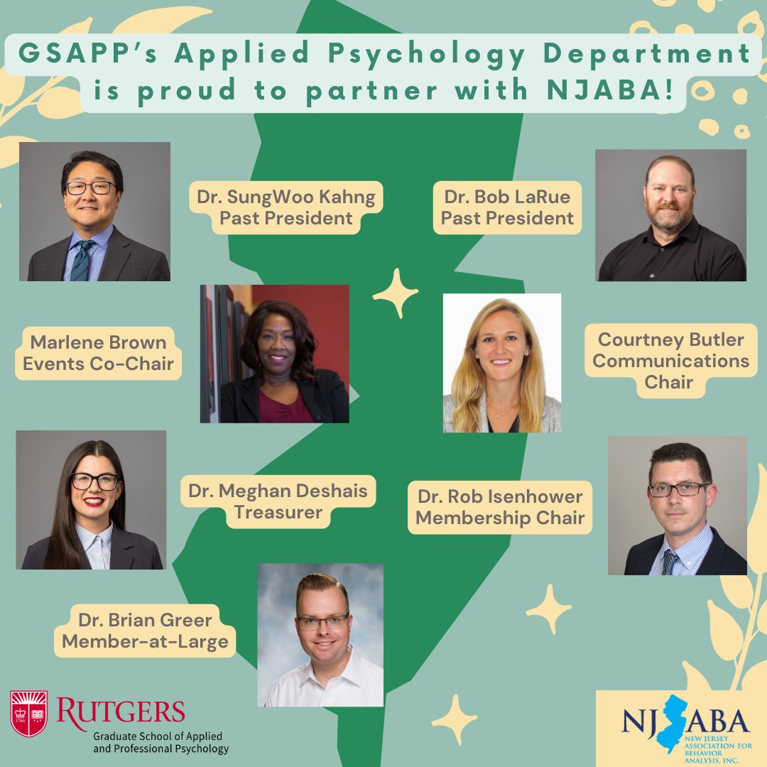 RutgersGSAPP's tweet image. #GSAPP faculty &amp;amp; staff pride themselves on their involvement in professional orgs &amp;amp; staying abreast of industry trends. 7 RU-GSAPP members, experts in #AppliedBehaviorAnalysis, have/had key leadership roles in #NJABA!
#RU #Rutgers #ABA #AppliedPsych #leadership #BACB #DDDC #RCAAS