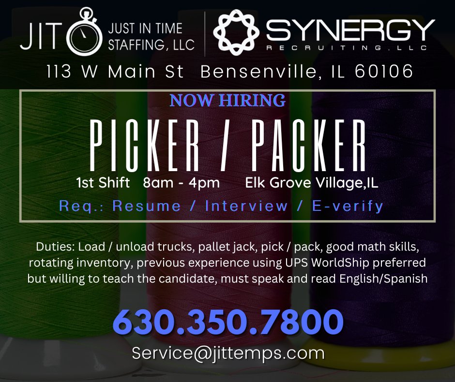 JITStaffingLLC's tweet image. PICKER / PACKER
Our client has been in business for 100 years and is located in Elk Grove Village. They distribute embroidery thread and are adding a team member

Contact us now for more info.

#picker    #packer   #hiring   #jobs   #westaffbetter   #jitsynergy