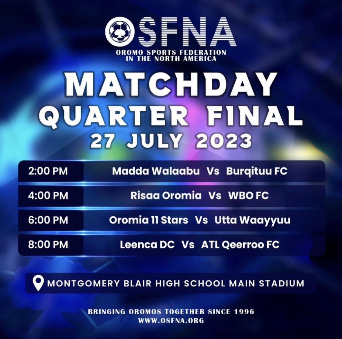OSFNA Group Stage is over! Here are the teams advancing to the Quarterfinals ⚽️🥅🏟️
All happening at Montgomery Blair High School! 📍
#OSFNA #myosfna #DC