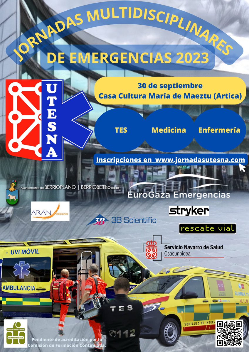 Inscripciones abiertas para las próximas Jornadas Multidisciplinares de Emergencias que se celebrarán en la Casa de Cultura María de Maeztu en Artica el próximo 30 de septiembre de 2023 #jornadasutesna2023