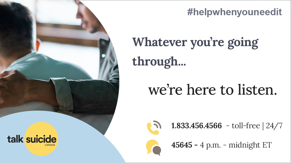 If you're feeling isolated or in pain, please know that you're not alone. Whatever you're going through, @talksuicideca is available 24/7 to listen without judgement.