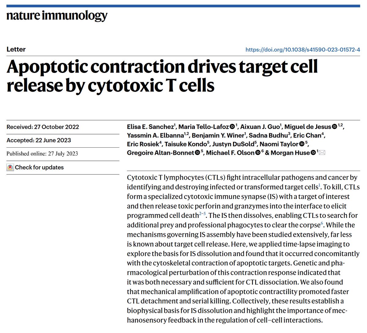 It’s been quite a month for the Huse lab’s own Dr. Elisa Sanchez! A brand new baby girl (Amelia) and a brand new paper in Nature Immunology about how cytotoxic T cells release dying target cells. Read more about it here:
nature.com/articles/s4159…
and here:
nature.com/articles/s4159…