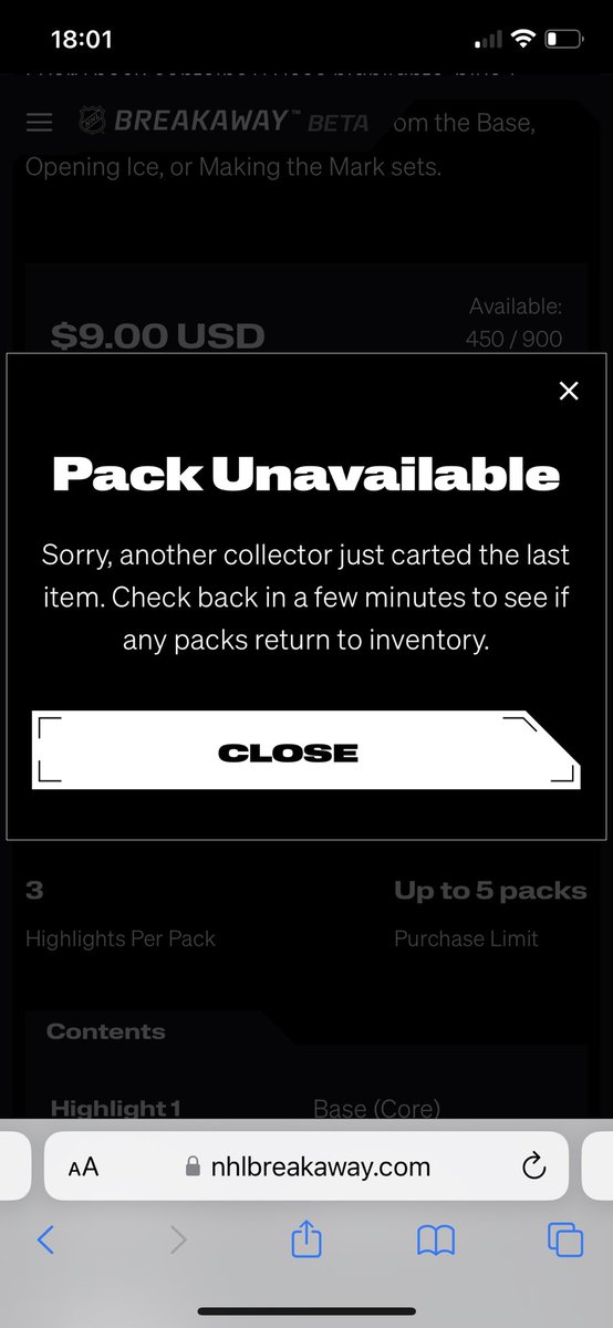Oh well no <a href="/NHLBreakaway/">NHL Breakaway</a> packs for me. Got this immediately upon trying at 6pm for both types of pack. No waiting room/queue 👎