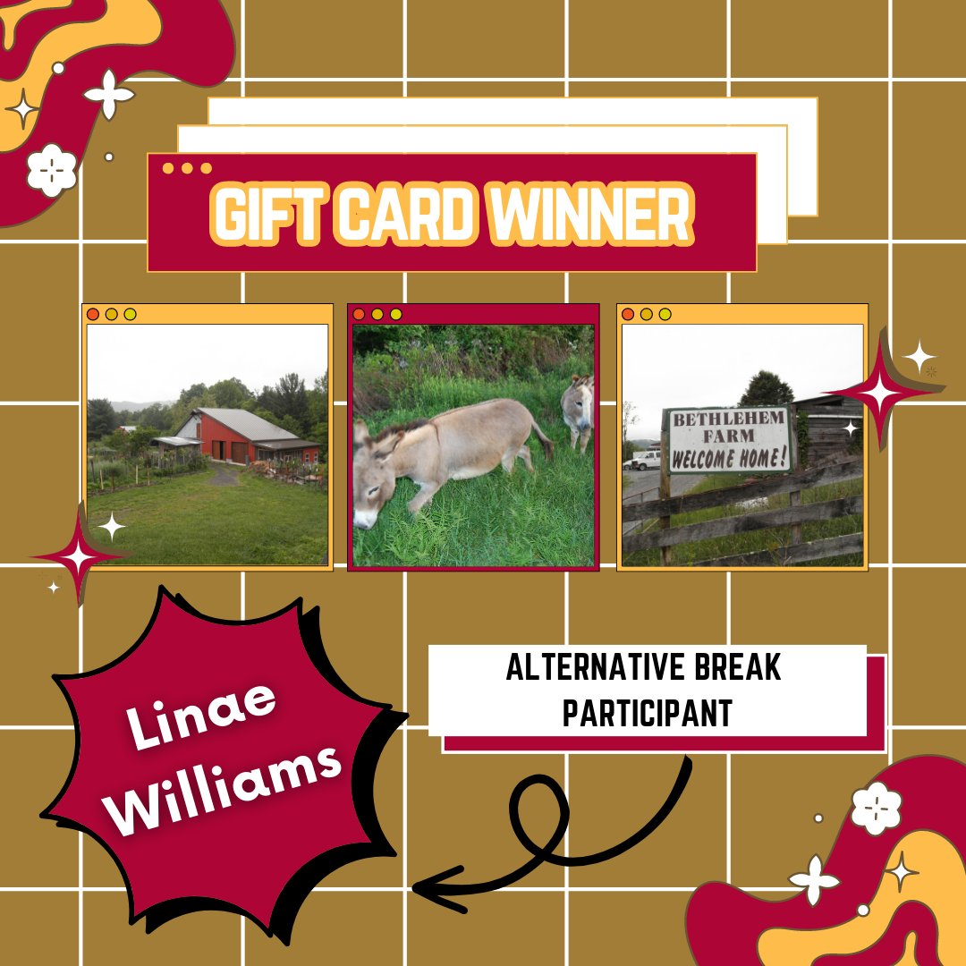 HolleranCenter's tweet photo. Congratulations to our first gift card winner...
Linae Williams!!
"Alternative breaks have been a great way for me to experience and learn about different areas, cultures, and religions than what I see in my everyday life..." https://t.co/j2m3ZP0LLd
