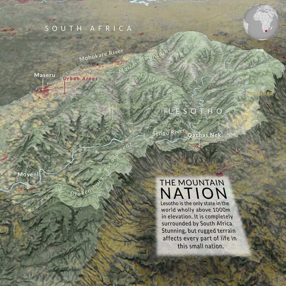 Cool 3D map of Lesotho. Love the little globe providing additional spatial context. Writers and cartographers alike should assume a smart audience that sometimes needs a bit of context to make sense of the material they consume. Source: buff.ly/2KIS1oW