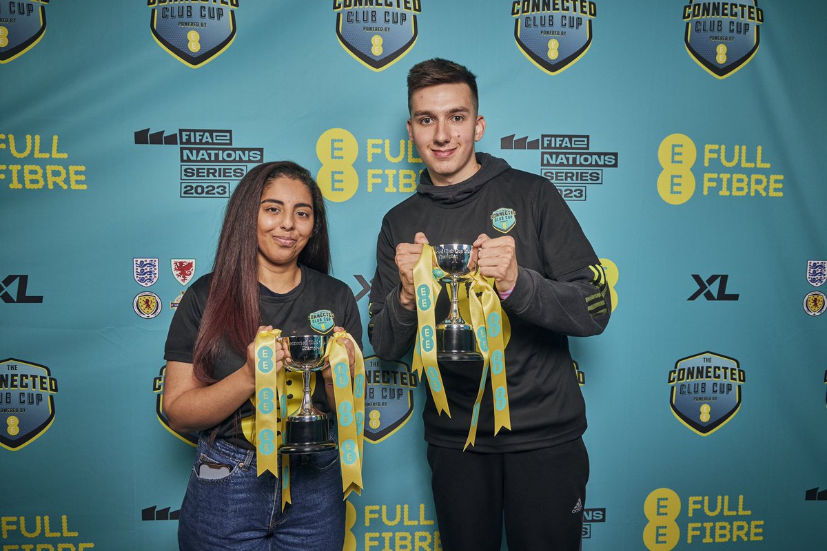 EE's tweet photo. A whole lot of action went down yesterday at the Connected Club Cup final, powered by #EEFullFibre ⚽️
Congratulations to our winners Mariam Musa and Louie Parker 🏆 And a huge thank you to The Home Nations for coming down!
#EEGaming https://t.co/sZW1H1m2ZI