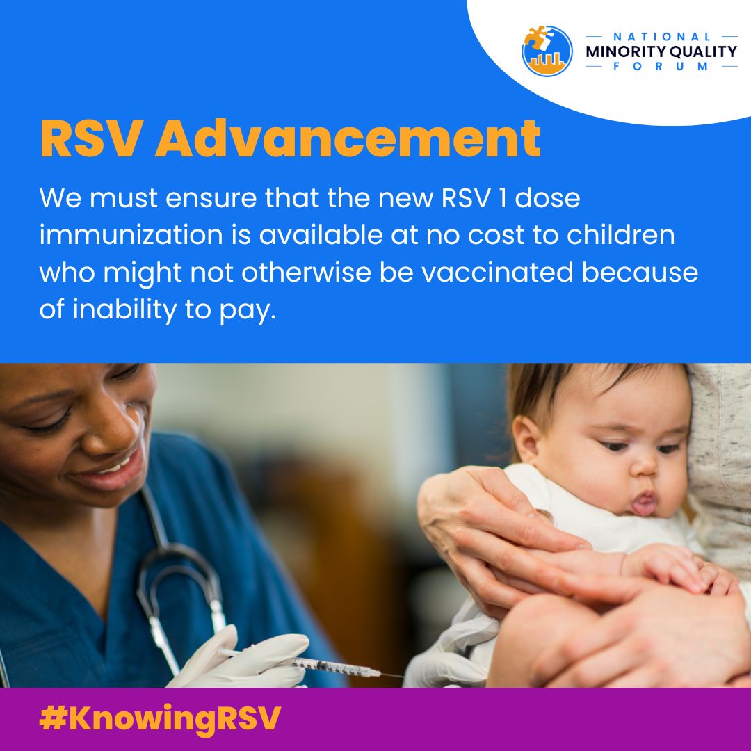 NMQF's tweet photo. We must ensure that the new #RSV (Respiratory Syncytial Virus) 1 dose immunization is available at no cost to children who might not otherwise be vaccinated because of inability to pay. 

Check out our RSV Health Equity Action Report. https://t.co/KYsEGzCjnc #KnowingRSV https://t.co/pYQ5vyaCFT