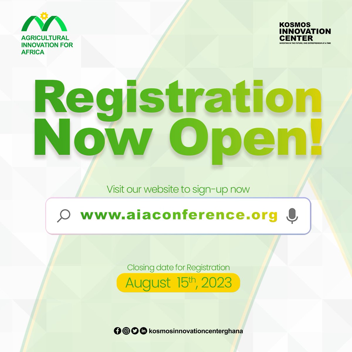 kicghana's tweet image. Registration for the Agricultural Innovation for Africa Conference 2023 is now open! Register now at aiaconference.org to be a part of this opportunity to contribute to shaping the future of agribusiness in Africa.​

#AIAConference2023 #YouthEmpowerment #FoodSecurity