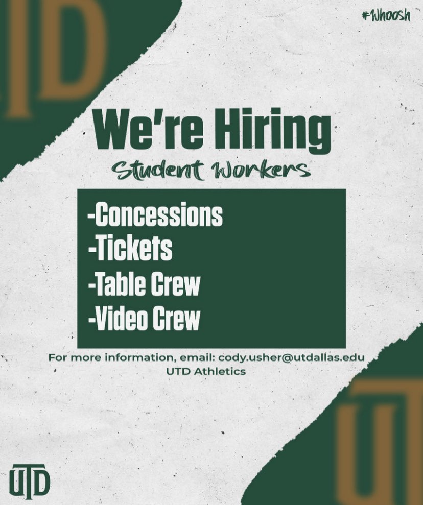 UTDCOMETSPORTS's tweet photo. Join Our Winning Team! We're looking for enthusiastic students to join our athletics department!
Student Worker Positions Available now
#UTDAthletics #Whoosh https://t.co/GEQoPVDmmB