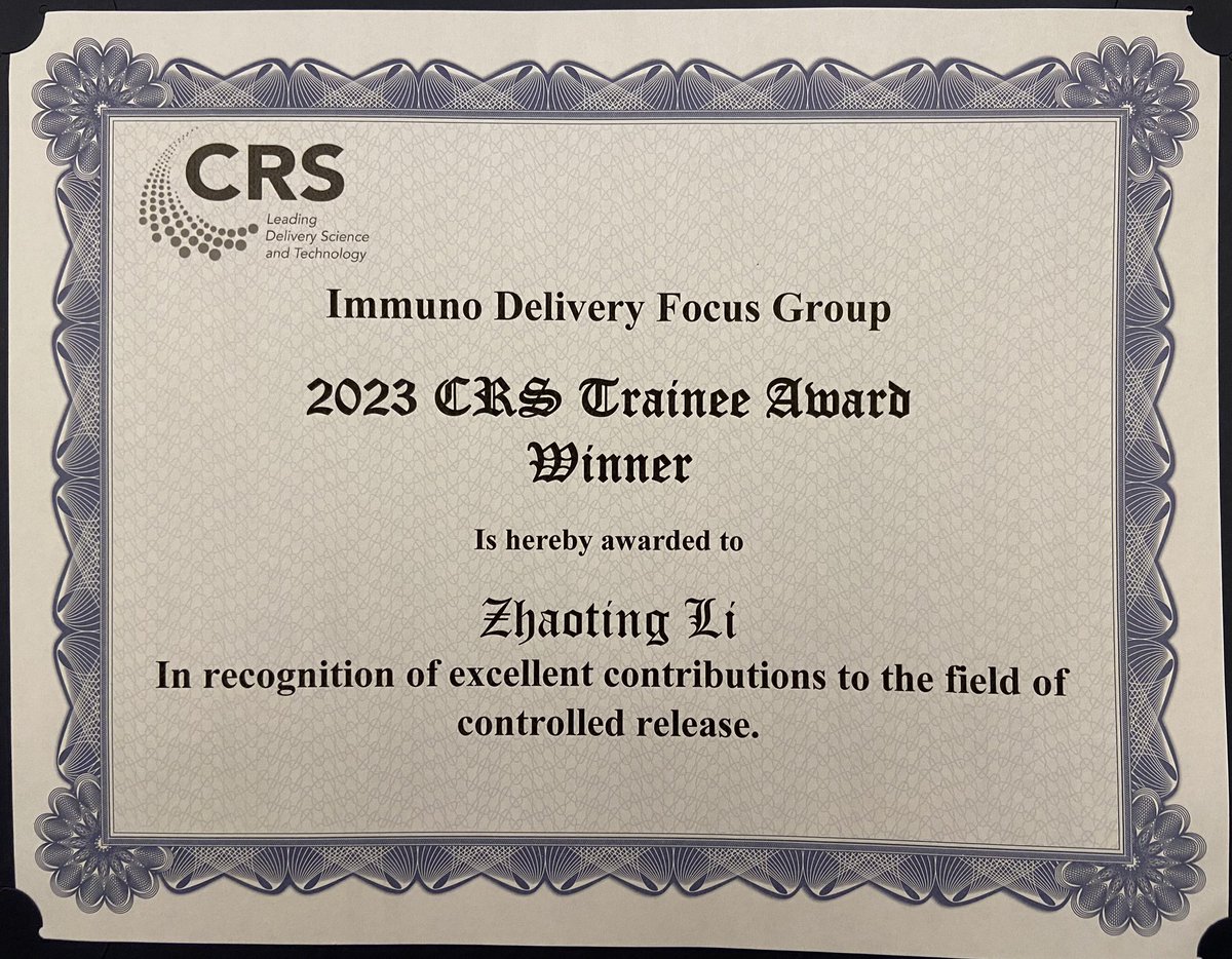 Zhaoting Li (@zhaoting_li) on Twitter photo Happy to receive the CRS Trainee Award from <a href="/CRS_FG_Immuno/">CRS Immuno Delivery</a>. Thanks for the recognition and support <a href="/CRSScience/">Controlled Release Society</a> <a href="/RyanMPearson/">Ryan M. Pearson, PhD</a> <a href="/Abhi_Immuneng/">Abhi Acharya</a> <a href="/UWMadPharmacy/">UW–Madison School of Pharmacy</a> #CRS2023 Happy to receive the CRS Trainee Award from <a href="/CRS_FG_Immuno/">CRS Immuno Delivery</a>. Thanks for the recognition and support <a href="/CRSScience/">Controlled Release Society</a> <a href="/RyanMPearson/">Ryan M. Pearson, PhD</a> <a href="/Abhi_Immuneng/">Abhi Acharya</a> <a href="/UWMadPharmacy/">UW–Madison School of Pharmacy</a> #CRS2023