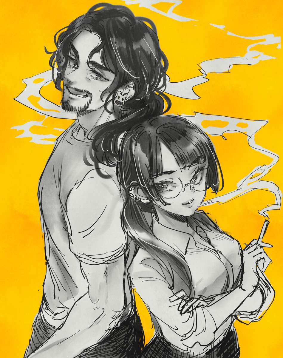 1girl 1boy cigarette shirt facial hair smoking glasses  illustration images