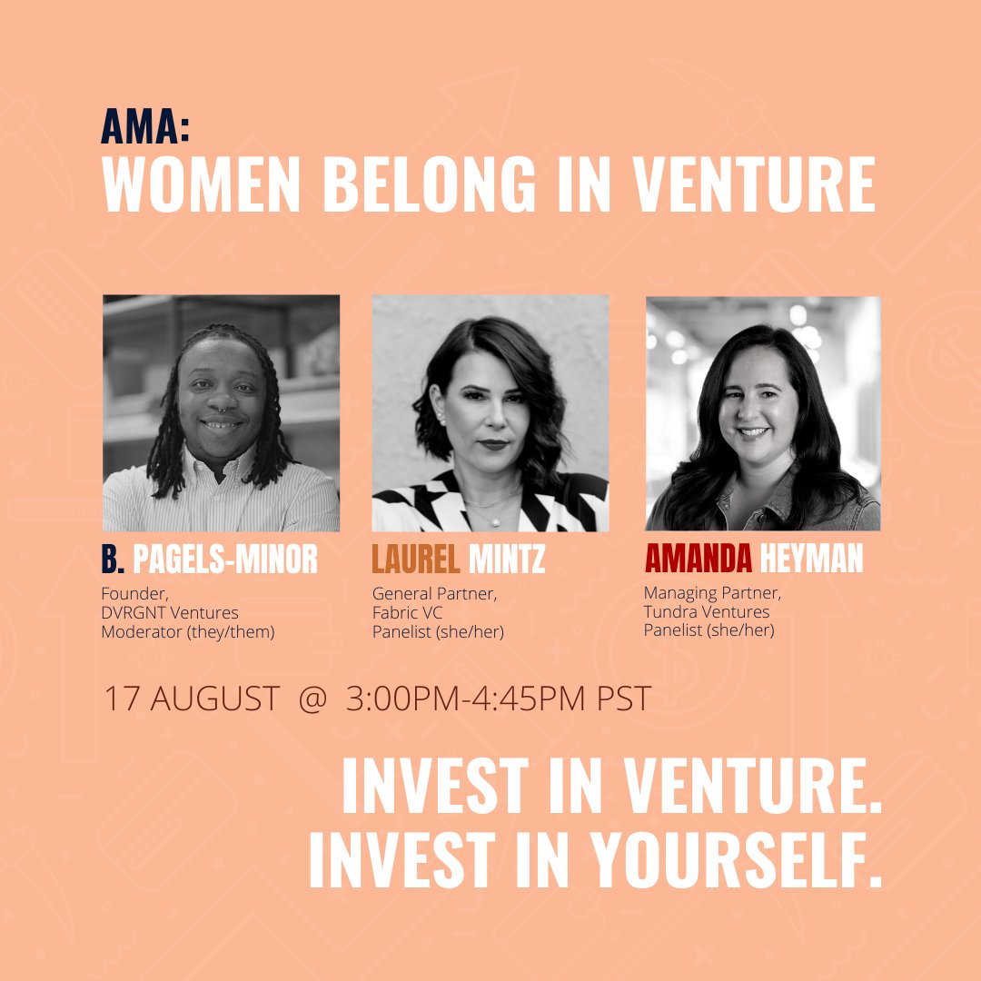 Fabric VC (@fabricventure) on Twitter photo Our 2nd AMA series is coming up on August 17th. Join <a href="/LaurelJMintz/">Laurel Mintz</a>, B. Pagels-Minor of <a href="/dvrgntventures/">DVRGNT Ventures</a> and <a href="/AmandaHeyman/">Amanda N. Heyman she/her</a> of <a href="/tundravc/">Tundra Ventures</a> to learn about their experiences as women in VC.
Register here: eventbrite.com/e/lp-ama-women…
#FabricVC
#WeaveWithUs
#InvestorEvent
#WomenInVC Our 2nd AMA series is coming up on August 17th. Join <a href="/LaurelJMintz/">Laurel Mintz</a>, B. Pagels-Minor of <a href="/dvrgntventures/">DVRGNT Ventures</a> and <a href="/AmandaHeyman/">Amanda N. Heyman she/her</a> of <a href="/tundravc/">Tundra Ventures</a> to learn about their experiences as women in VC.
Register here: eventbrite.com/e/lp-ama-women…
#FabricVC
#WeaveWithUs
#InvestorEvent
#WomenInVC