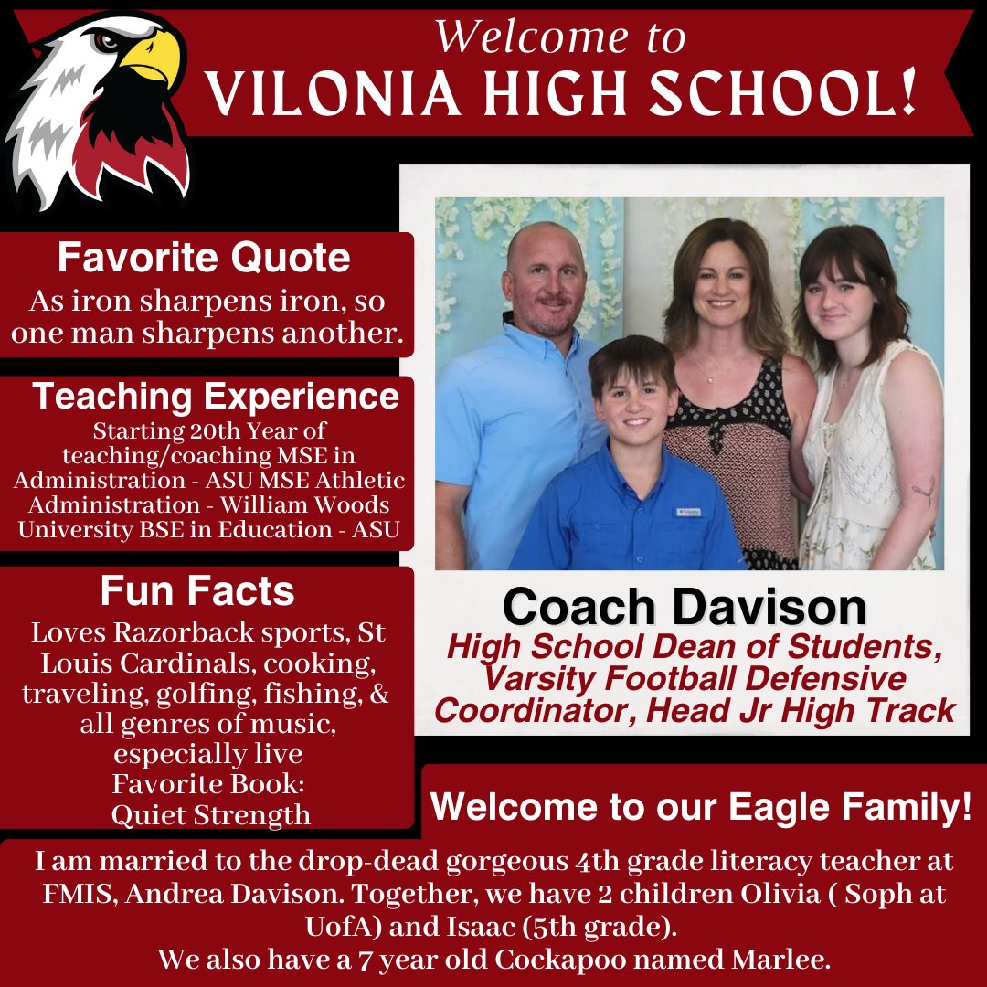 ViloniaHS's tweet photo. Welcome our new Dean of Students, Coach Davison! Glad to have you on board! #vhsneverquit https://t.co/vbfxQrS427