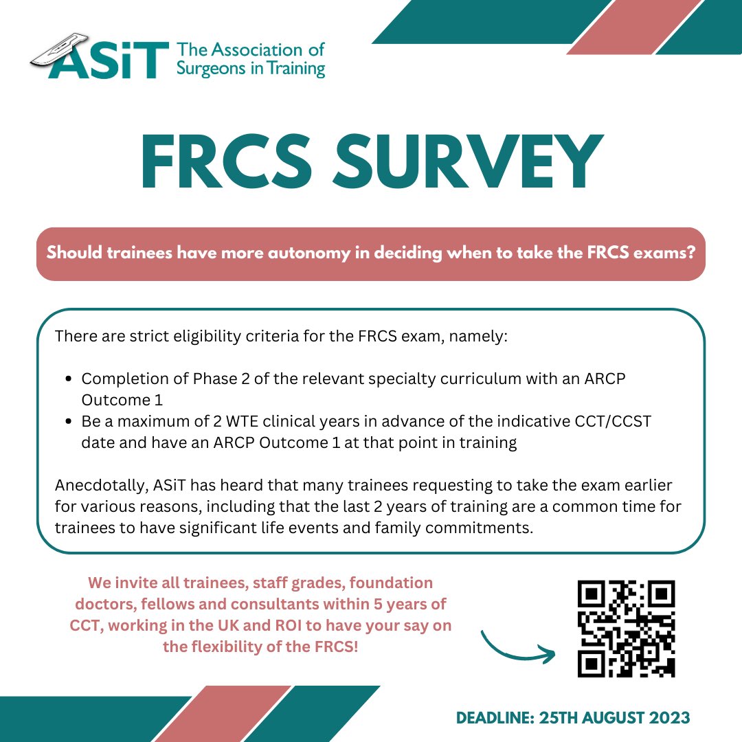 🔈 Launching ASiT’s FRCS Survey! 🔈

Have your say on the flexibility on when to take of the FRCS exams!

(Background to research Q explained in poster 👇)

👥 Trainees, staff grades, FYs, fellows &amp; consultants &lt;5 years of CCT in 🇬🇧🇮🇪 can participate

🔗 tinyurl.com/FRCSSv