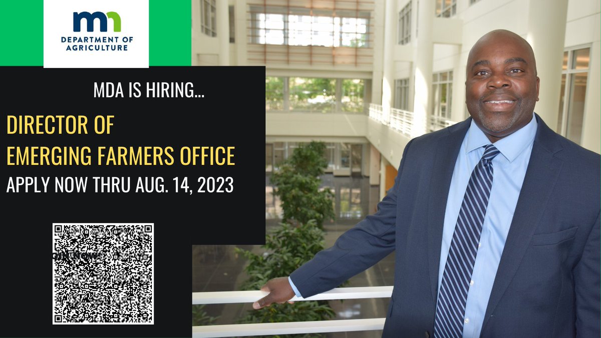 MDA is Hiring... Search for Director of Emerging Farmers Office- 1st in the Nation. Are you looking for a dynamic job opportunity? Open Now thru August 14, 2023 @peggyflanagan @kagan20a @schneitr @DeRushaEats @stribrooks @epmurphymn @heather_edelson