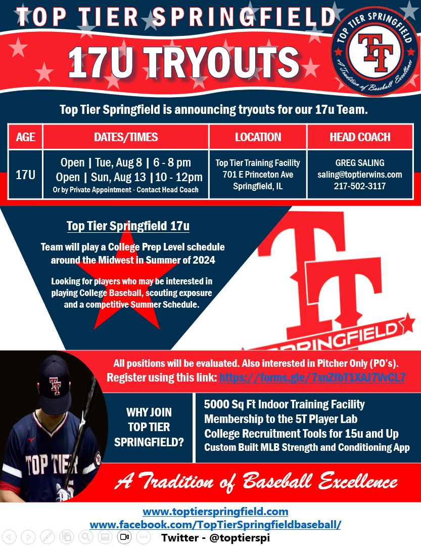 Top Tier Springfield (@toptierspi) on Twitter photo Top Tier Springfield 17u (<a href="/toptierspi/">Top Tier Springfield</a>) Tryouts are coming up soon. Register today, or setup a private session. Come join an organization committed to baseball excellence.
Registration Link:
forms.gle/puv2Q7fwdQJV78โฆ
#toptierwins <a href="/pistolplante/">Matt Plante</a> <a href="/TopTierBaseball/">Top Tier Baseball ๐บ๐ธ</a> #expectgreatness Top Tier Springfield 17u (<a href="/toptierspi/">Top Tier Springfield</a>) Tryouts are coming up soon. Register today, or setup a private session. Come join an organization committed to baseball excellence.
Registration Link:
forms.gle/puv2Q7fwdQJV78โฆ
#toptierwins <a href="/pistolplante/">Matt Plante</a> <a href="/TopTierBaseball/">Top Tier Baseball ๐บ๐ธ</a> #expectgreatness