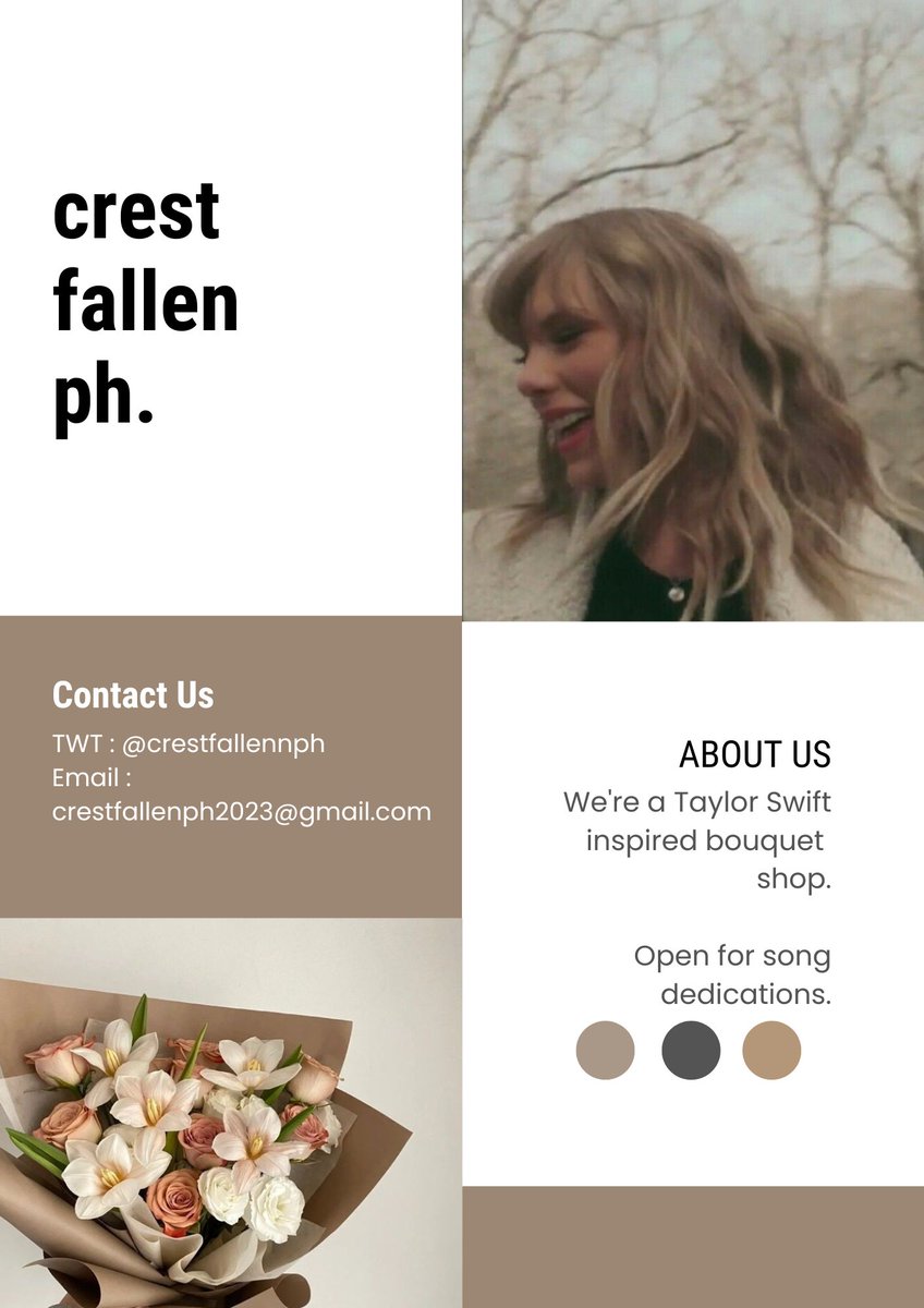⠀⠀⠀
⠀⠀⠀⠀
⠀⠀⠀⠀⠀CRESTFALLEN PH°
⠀⠀⠀⠀⠀
⠀⠀⠀⠀⠀Taylor Swift inspired
⠀⠀⠀⠀⠀bouquet shop.
⠀⠀⠀⠀
⠀⠀⠀⠀⠀"crestfallen on the landing,
⠀⠀⠀⠀⠀champagne problems"🍂

⠀⠀⠀⠀⠀• OPENING SOON!🍂!
⠀⠀⠀⠀
⠀⠀⠀⠀    #anirp
⠀⠀⠀
⠀⠀⠀⠀