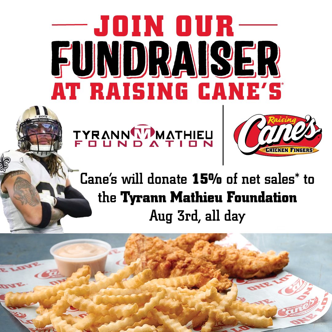 🚨Metairie peps! Join us at @raisingcanes 5817 Airline Dr. on 8/3 for a fundraiser benefiting the @TM32_Foundation! Mention the fundraiser when you order & Cane's donates 15% of sales. Meet @Mathieu_Era from 1-2pm at the drive-thru! Enjoy tasty chicken & support our mission. 🌟❤️