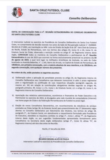 miilasousa_'s tweet photo. Interventor do Santa Cruz, Ricardo de Paula marca reunião extraordinária (e presencial) no Conselho para o dia 4 de agosto. Entre os pontos será discutida "aplicação da pena" para conselheiros que estiverem inadimplentes. Há possibilidade de exclusão dos membros. https://t.co/YOClh4yHWj