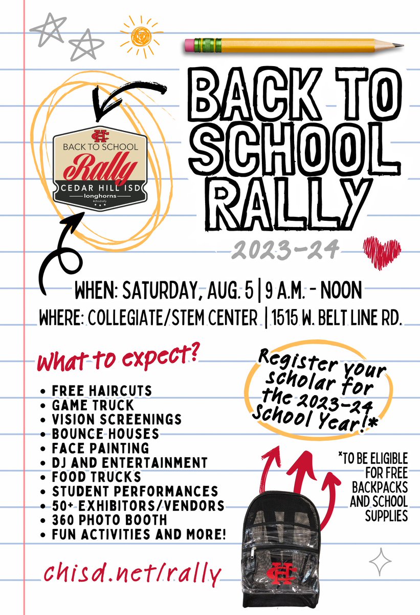 Make plans to attend the CHISD Back To School Rally!

Free backpacks and school supplies will be distributed to scholars enrolled in CHISD with a completed Back to School Rally passport, which will be handed out upon arrival. 

chisd.net/rally

#CHISDBTSR #BackToSchool