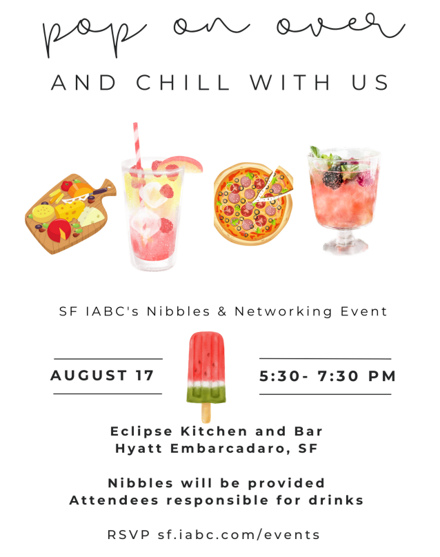 Chill with us for delicious bites and fruitful connections at SFIABC's free event, Nibbles &amp; Networking!

Tues., Aug. 17, 5:30 - 7:30 p.m.
Eclipse Kitchen &amp; Bar, Hyatt Regency Hotel, SF

Don't miss out! Info and sign-up: sf.iabc.com/event/nibbles-…

#SFIABC #Connections #Comms