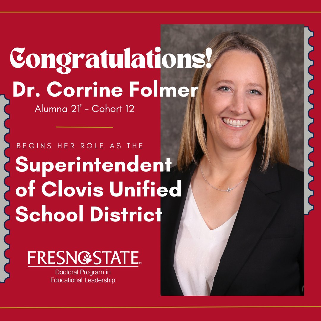 EdDFresnoState's tweet photo. Congratulations Alumna Dr. Corrine Folmer, she began her role as the Superintendent of Clovis Unified School District this month! 🎉✨ #EdDFresnoState #EdLeadership #EducationalLeadership https://t.co/OJo6LwiK7i