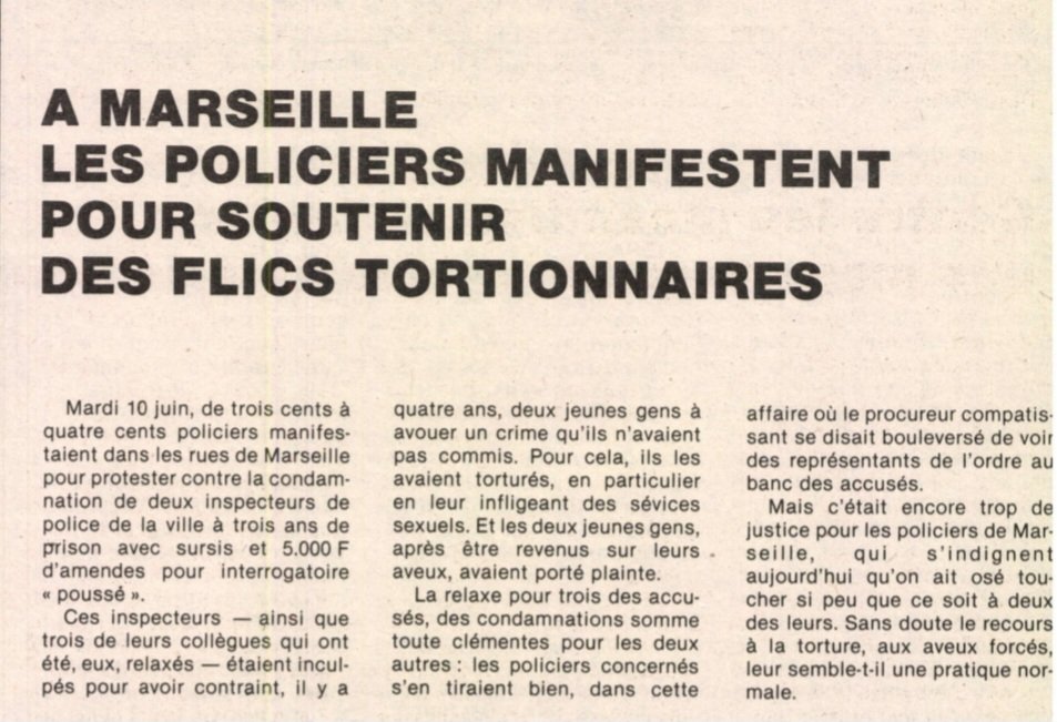 Juin 1980, plusieurs centaines de flics de Marseille réclamaient déjà le droit de pouvoir torturer sans être inquiétés. Si on les appelle des cognes , ce n'est pas un hasard.
Article de  #LutteOuvrière 👇
#ViolencesPolicières #Hedi #LaPoliceTue #LaPoliceMent #DarmaninDemission
