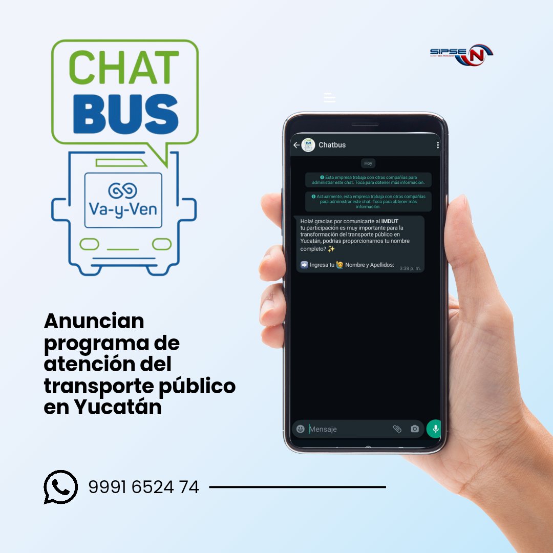 SIPSENOTICIAS's tweet photo. ¡Atención usuarios de transporte público en Yucatán! 🚌 ¡Anota este número: 9991652474! Es el #ChatBus, el programa de atención al usuario que el director del @ImdutYucatan Rafael Hernández, explicó en "Yucatán Habla Claro".
¡Una primicia que no puedes dejar pasar! https://t.co/iWHd4AuDYu