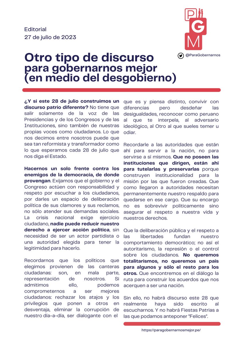 ¿Qué discurso de Fiestas Patrias esperamos? 
Otro tipo de discurso para Gobernarnos Mejor. 

📌Nuestra editorial ad portas del 28 de julio 🇵🇪