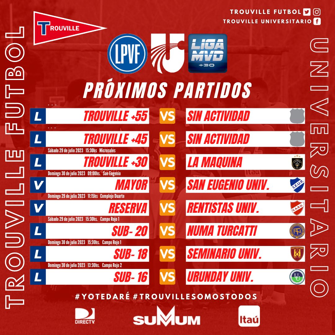 🔺️Vuelve el Fútbol ⚽️‼
Luego del receso por vacaciones de invierno, se retoma el fútbol y compartimos actividad fijada para sábado 29 y domingo 30 de julio en las categorías de <a href="/LUD_Oficial/">Liga Universitaria de Deportes</a> y <a href="/LIGA_MVD/">LIGA MVD</a>
.
#VamosLaRoja🔴⚽️
<a href="/ClubTrouvilleUY/">Club Trouville</a>
<a href="/CampoRojoUY/">Campo Rojo - Club Trouville</a>
<a href="/SummumUY/">SUMMUM</a>