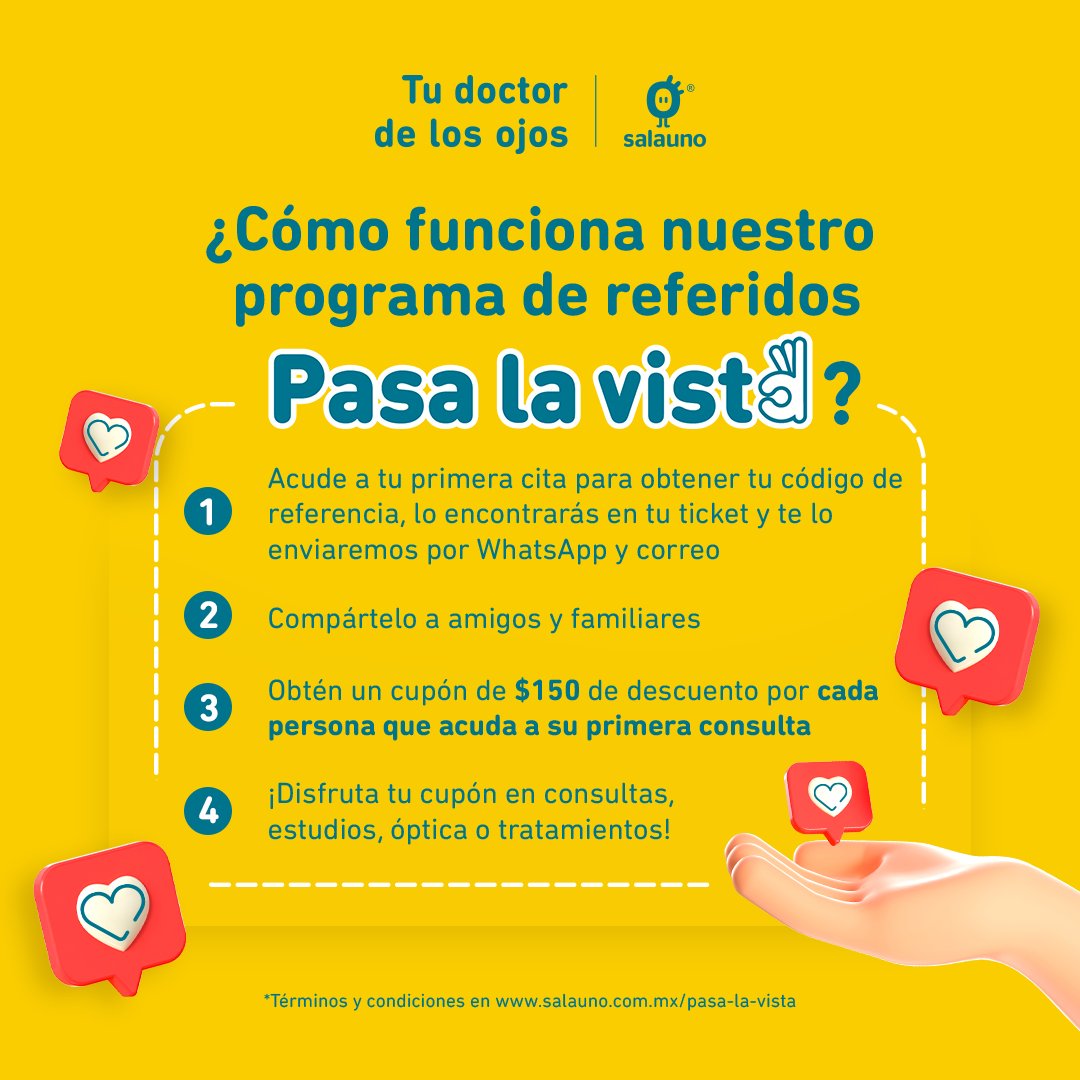 ¡No olvides pasar la vista y ayuda a que más personas cuiden su salud visual! 👀👌En #salauno te regalamos beneficios por usar tu código #Pasalavista 🤓
📌Más información: bit.ly/InfoPLV

#saludvisual #oftalmologo #examendelavista #recompensas #referidos