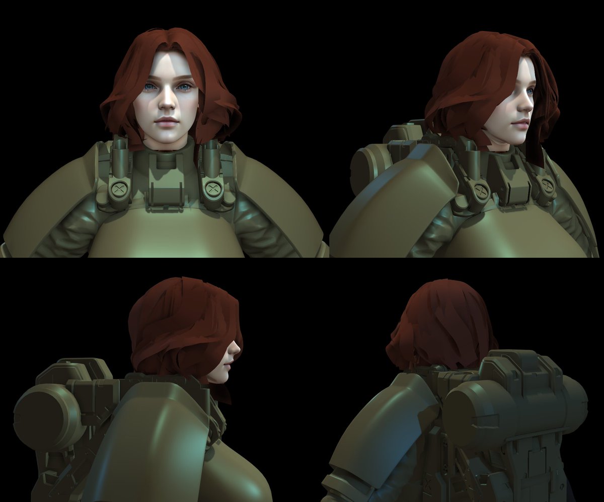 HamuArt's tweet photo. Female soldier variant for @playshutdown 
(🤫work in progress sneak peak)

#scifi #game #pc #mobilegames #DOOM #zbrush #3dmodel #warhammer40000 #soldier #web3 #fun #digitalart #Terminator #3dart #characterart https://t.co/xBOzcTIprT