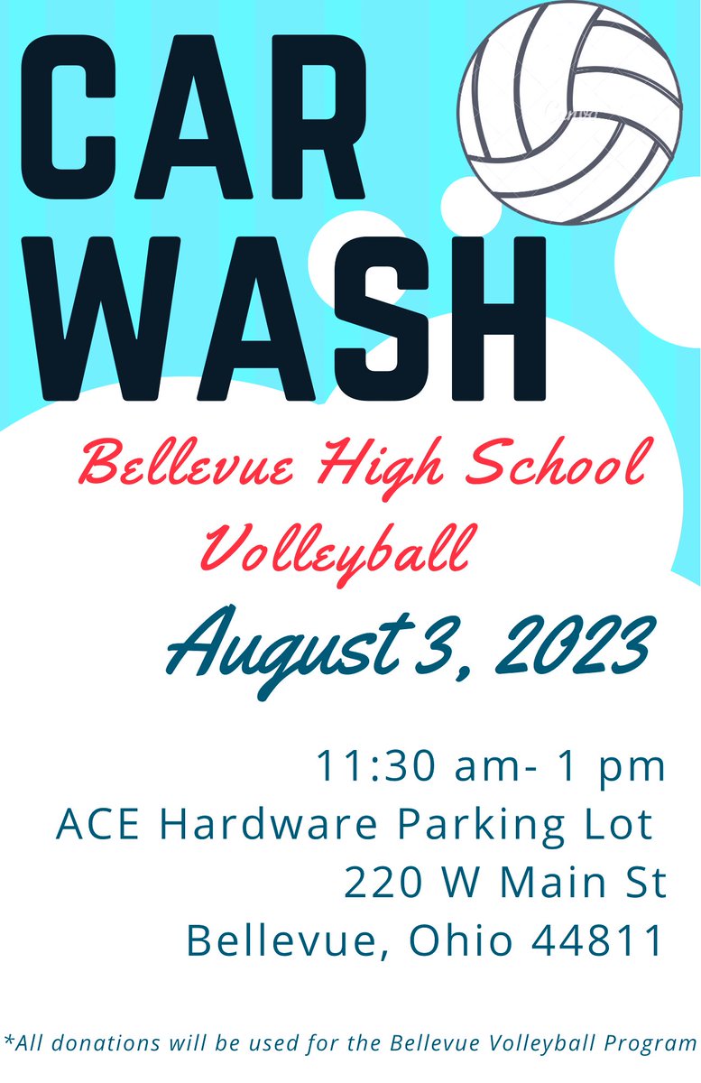 LadyRedVolley's tweet photo. ATTENTION!! 

Bellevue Volleyball will be having our 2nd Annual Car Wash next Thursday, August 3rd at Ace Hardware!! 

Donations only! Come out and support our girls !!! ⭐️🫧🚗🧽🛁 https://t.co/jIIwgygSmN