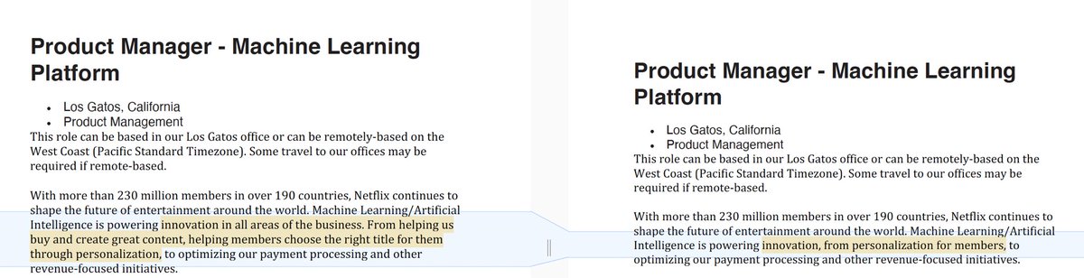 Netflix updated their $900,000 AI job posting to remove mention of the AI being used for content creation following my article.

Before vs. after 👇