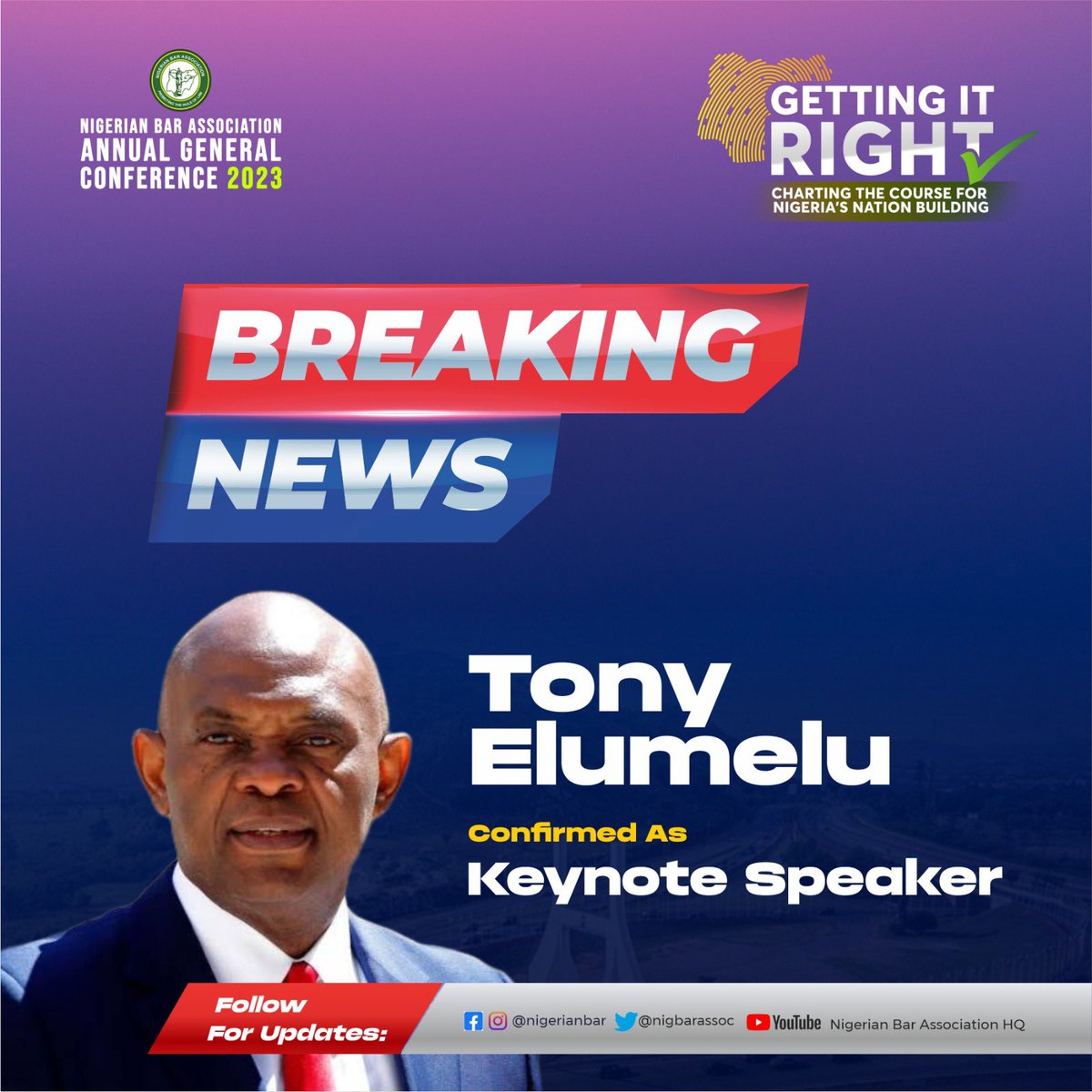 #TonyElumelu is confirmed as the keynote speaker for the #NBAAGC2023 #NigerianBarAssociation