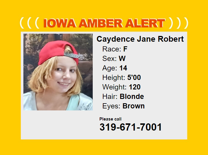 IAStormChasing's tweet image. An amber alert was just issued for 14 year old Caydence Robert from Burlington, Iowa who has been missing since Wednesday.