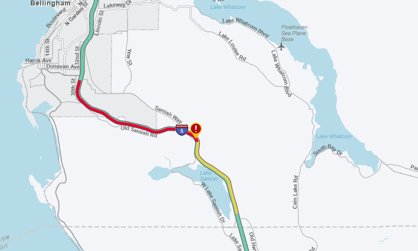 wsdot_north's tweet photo. HEADS UP: If you are traveling SB I-5 just west of North Lake Samish south of #Bellingham, all lanes are blocked. Fire and State Patrol are on scene. 

Seek alternate routes and expect delays. https://t.co/a5eKcKFoZJ