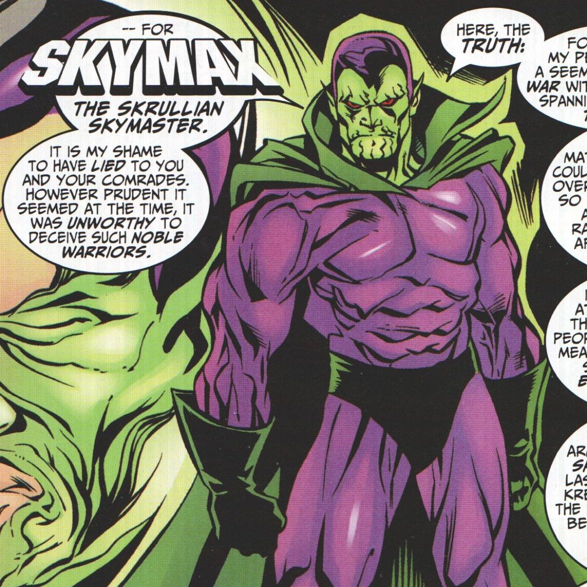_ChristopherM's tweet photo. There are established heroic Skrulls. One had an oddball relationship with the FANTASTIC FOUR and another was part of SQUADRON SUPREME as their Martian Manhunter proxy. I don't think that concept is hard to grasp and Talos had an admirable pitch in CAPTAIN MARVEL. #Lyja #Skymax https://t.co/eCSwVDS6jF