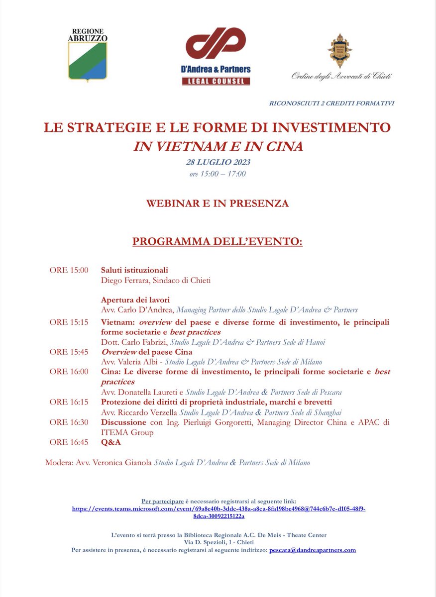 Tomorrow, July 28 from 3 PM to 5 PM ( italian time ) in Chieti,  the seminar of 'Strategies and forms of Investment in Vietnam and China'
For registration:
events.teams.microsoft.com/event/69a8e40b…

Or by email to: pescara@dandreapartners.com

#dandreapartners #chieti #china #vietnam